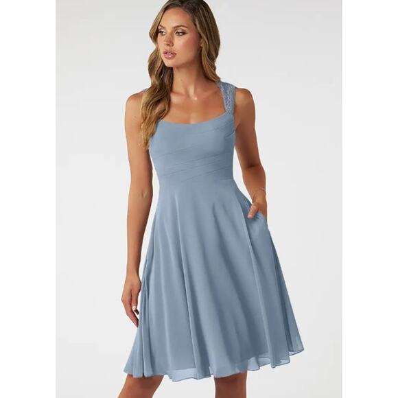 NEW AZAZIE Vina Chiffon Lace A-line Dress Sz 0 Dusty Blue Bridesmaid Knee-length - Picture 3 of 13